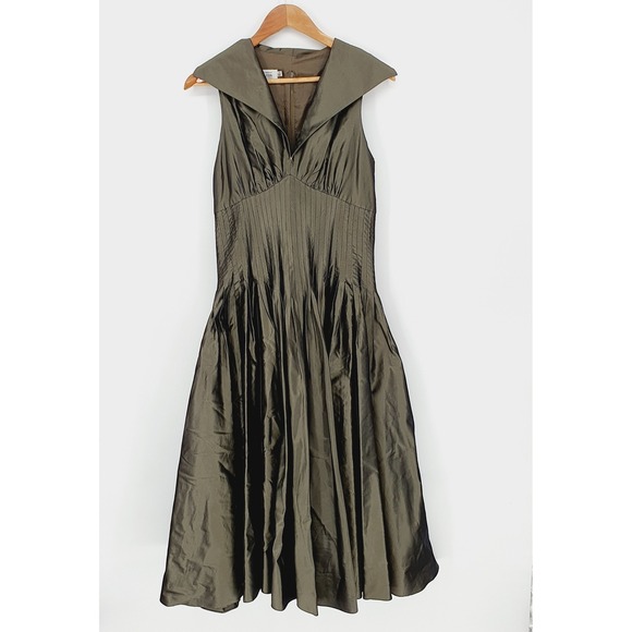 Teri Jon Dresses & Skirts - Teri Jon by Rickie Freeman Silk Olive Green Pleated Midi Cocktail Dress Sz 8